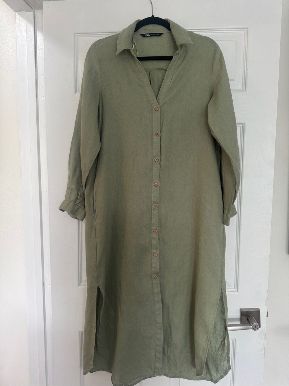 Zara Olive Green Button-Front Long Shirt Dress